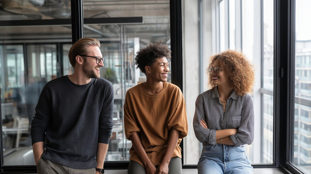Diverse coworkers having relaxed discussion by window in office