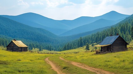 Obraz premium Rustic Log Cabins in Mountain Valley with Dirt Path and Forested Peaks 