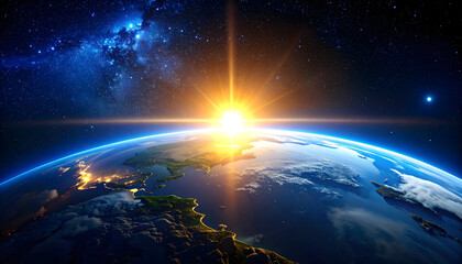 Vibrant Sunrise Illuminating Earth From Space Showing Illuminated Cities and Starry Sky