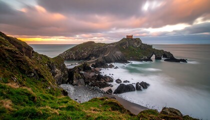 Obraz premium Coastal landscape with dramatic rock formations at sunrise.