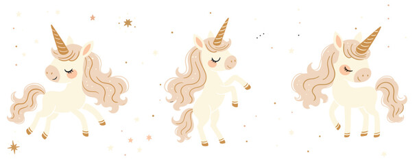 Cute pastel unicorns set with golden stars