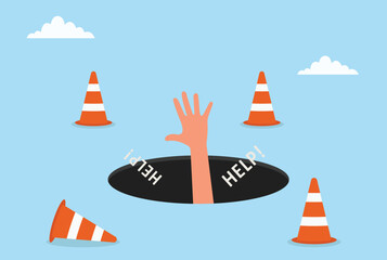 Vector illustration of a hand reaching out from a dark hole surrounded by traffic cones with the word HELP, symbolizing danger, emergency, crisis, or a call for urgent assistance
