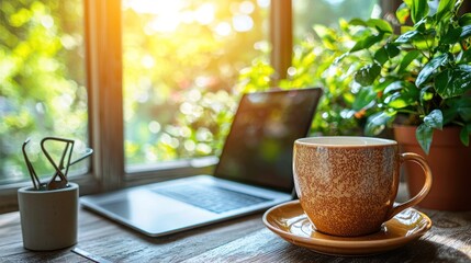 Sunny workspace laptop, coffee cup, houseplant by a window with green foliage