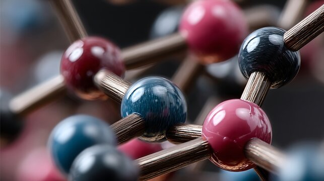 the image shows a close up of a molecular structure against a dark background. the structure is made of colorful, spherical elements connected by gold colored, ridged rods - Powered by Adobe