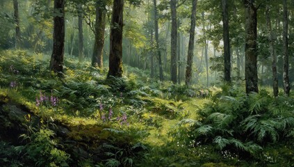 Fototapeta premium Lush forest floor bathed in morning light