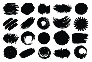 Set of vector paint brush stroke, ink splash and grungy decoration elements. Freehand grunge brush illustration. Black watercolor splatter, texture, frame and abstract background for social media.