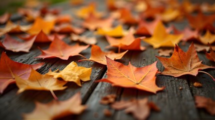 Autumnal Splendor Fallen Leaves on Wooden Planks A Tapestry of Warm Hues and Textural Delight in a Rustic Setting