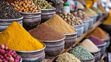 Colorful spice display in market with vibrant powders for cooking ingredient photography culinary travel background seasoning traditional flavor variety