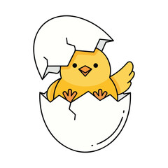 Cute yellow chick hatching from a cracked white eggshell with black outline baby bird