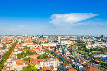 Skyline of Zagreb, capital of Croatia. Aerial view of green wave and western side of city center.
