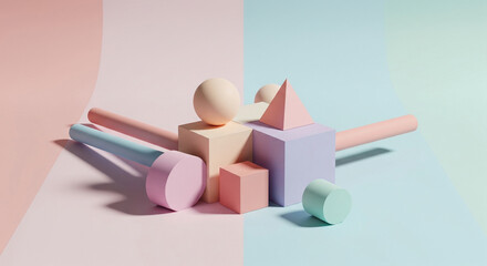 Pastel Geometric Shapes Arrangement with Cubes, Cylinders, Sphere, and Pyramid on Dual Color Background &ndash; Modern Minimal Abstract Art Design