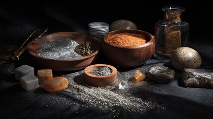 Spa composition with candles stones salt and essential oils for wellness relaxation skincare product photography therapy balance concept aesthetic