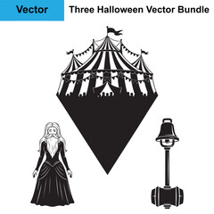 Circus Freak Tent Bearded Lady Strongman Hammer Silhouette Halloween Vector Bundle