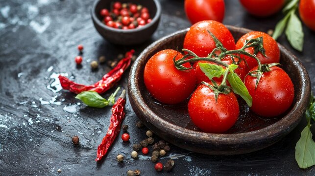 Fresh tomatoes with chili peppers and spices on black surface for cooking food photography flavor ingredient rustic culinary concept kitchen