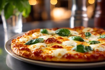 A freshly baked margherita pizza, topped with fresh mozzarella and basil leaves, sits invitingly on a round plate, ready to be enjoyed in a cozy Italian restaurant.