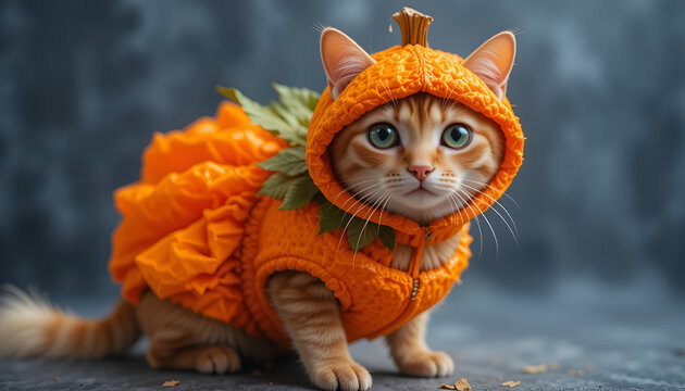 Adorable kitten dressed in a fun pumpkin costume for Halloween celebrations and festive autumn photos