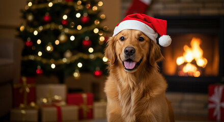 Golden Retriever Wearing Santa Hat in Festive Living Room with Christmas Tree, Fireplace, and Holiday Decorations