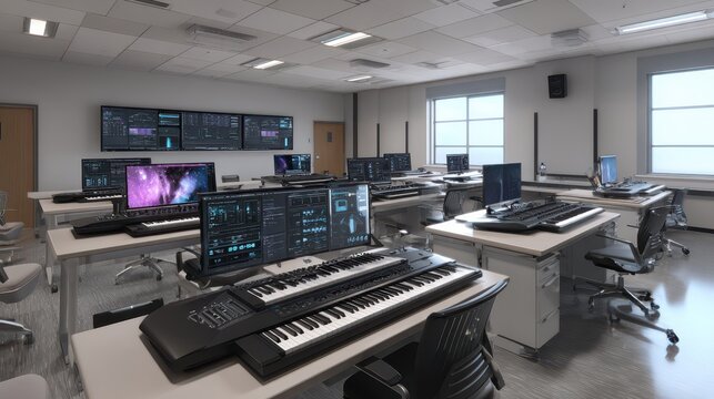 Music Studio Keyboards & Computers in Classroom for Education; Modern Equipment