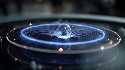 the image showcases a spherical object suspended in the center of a platform, with bright blue patterns radiating outward