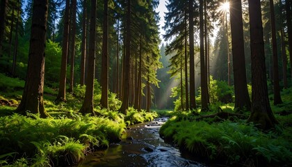 Obraz premium Sunbeams in Forest Stream.