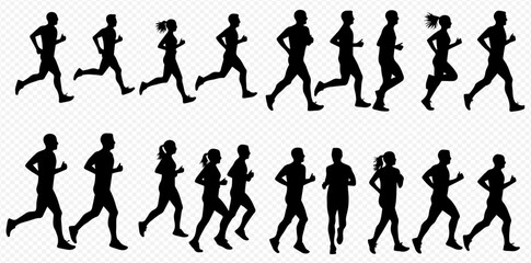 A collection of black silhouettes depicting men and women in various running and jogging poses on a transparent background.