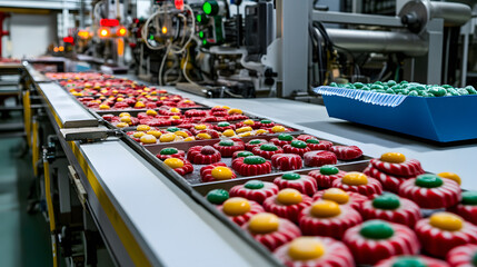 Automated production line with colorful gelatin candies in a factory setting