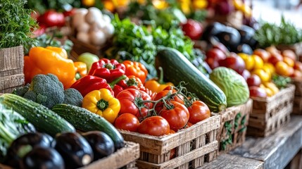 Vibrant fresh produce market display in crates and baskets