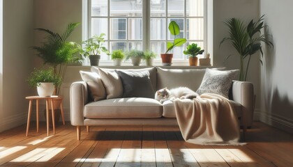 Modern living room with sofa pots plants concept