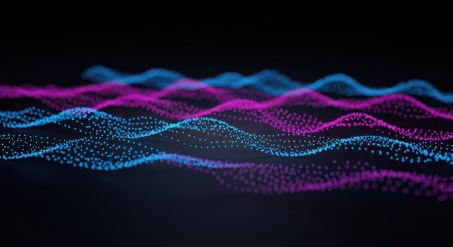 Wavy layers of pink and blue glowing dots over a dark surface