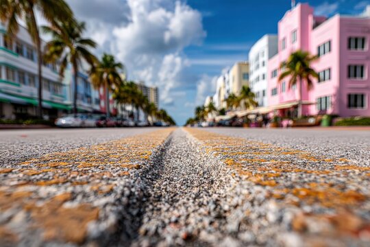 Road View of colorful buildings in Miami
