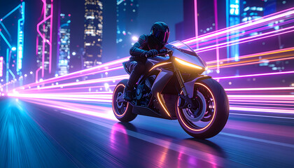 Futuristic Motorcycle Racing Through A Neon Lit Cityscape At Night With Speed Trails And Glowing Lights