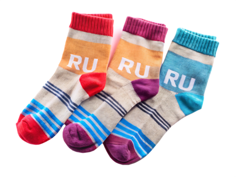 three pairs of socks with ru isolated on white background ,PNG.AI Generated.