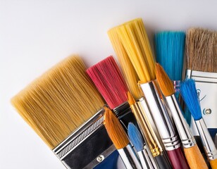 Fototapeta premium various colorful paintbrushes with bristle textures on white background m creativity art supply and diy tool concept