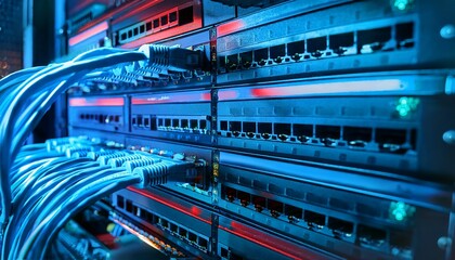 close up of network cables connected to internet switch in data center with led indicators