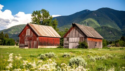 Rustic barns in a meadow with mountains