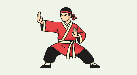 Martial Artist in Traditional Red and Black Uniform Performing a Defensive Stance.