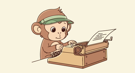 Adorable Cartoon Monkey Typing on Vintage Typewriter Wearing a Hat. © Basecamp