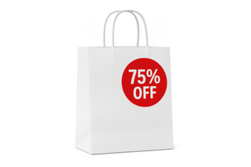 White shopping bag showing seventy five percent off on transparent background