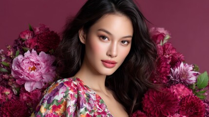 Naklejka premium Portrait of a Young Woman Surrounded by Vibrant Flowers in Shades of Pink and Purple
