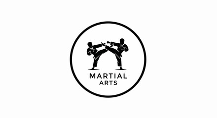 Dynamic Silhouette of Two Martial Artists Executing Kicks in Circular Emblem. © tere