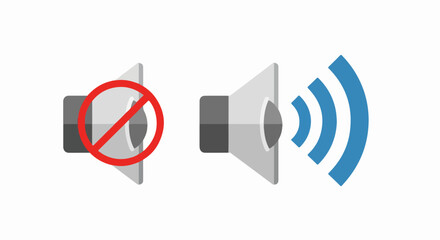 Two stylized speaker icons, one muted with a red prohibition symbol, the other emitting blue sound waves.