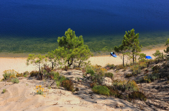 Portugal, Sesimbra, Lagoa de Albufeira - a coastal lagoon fed by 3 streams and the Atlantic Ocean. Bordered by aquatic vegetation and pine forests and protected from sea storms by sand dunes.