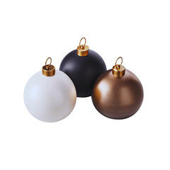 Three Christmas ornaments in white, black and bronze on black background, festive