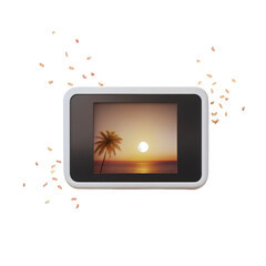 Tropical sunset framed within an ornate border with confetti scattered around