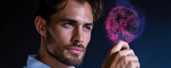 Naklejka premium Young Businessman Analyzing Holographic Cryptocurrency Data Representation in a Dimly Lit Environment
