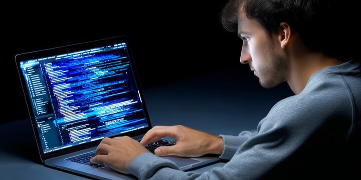 Young Man Engrossed in Programming on Laptop with Holographic Code Editor in Dimly Lit Environment