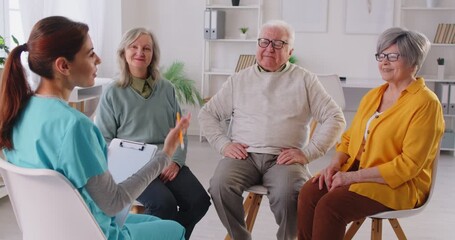 Speech therapy psychologist group, successful talking session, activities for elderly with nurse, caregiver, carer support worker, active seniors, social recreational events, retirement house, retired