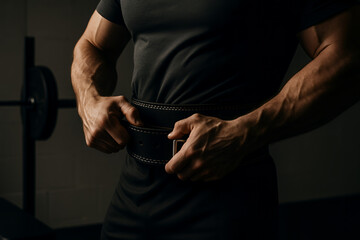muscular man adjusting the waist belt before lifting the weights
