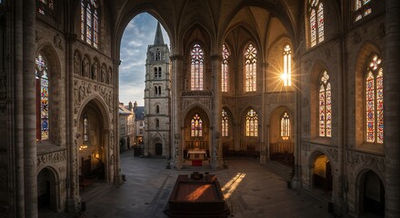 Fototapeta premium Gothic Cathedral Interior with Stained Glass and Tower View