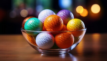 colorful golf balls in glass bowl on table close up